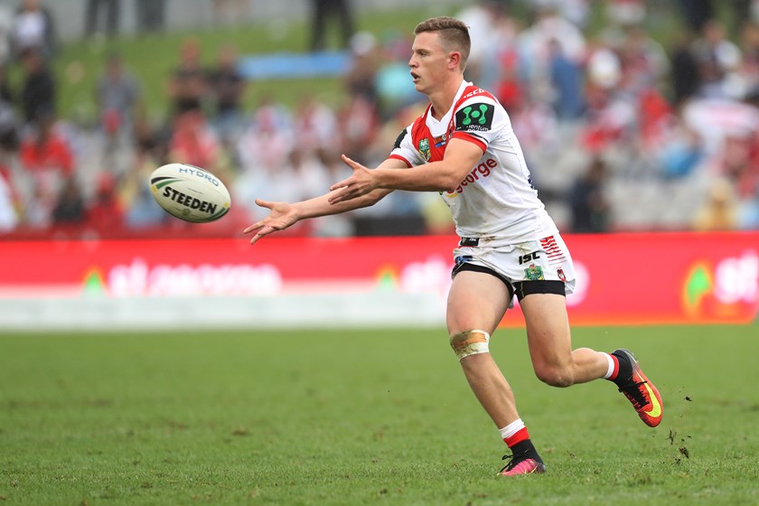 St George Illawarra fullback Jai Field gets a pass away.