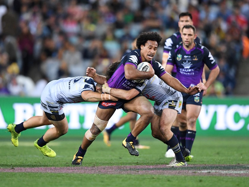 Felise Kaufusi takes on the Cowboys in the 2017 NRL grand final.