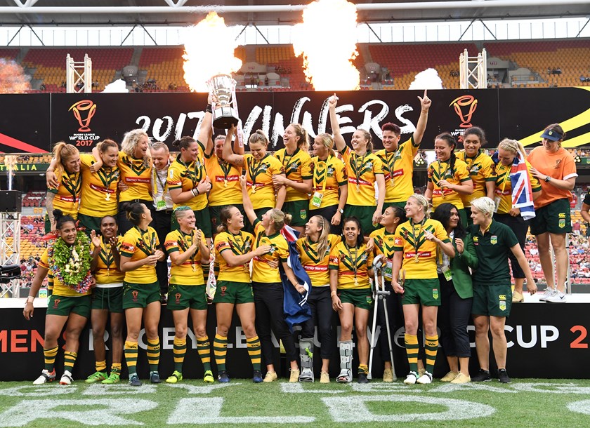 Jillaroos players celebrate their Women's Rugby League World Cup win.
