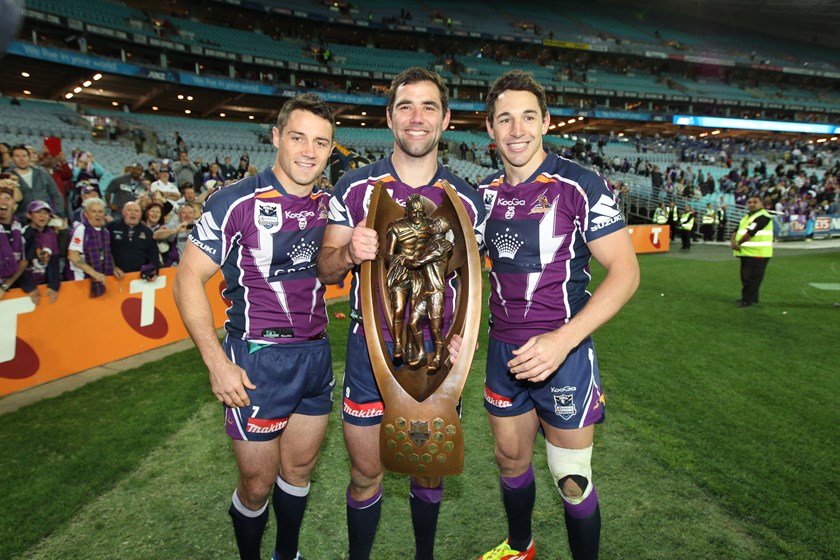 Cooper Cronk, Cameron Smith and Billy Slater after the 2012 grand final win.