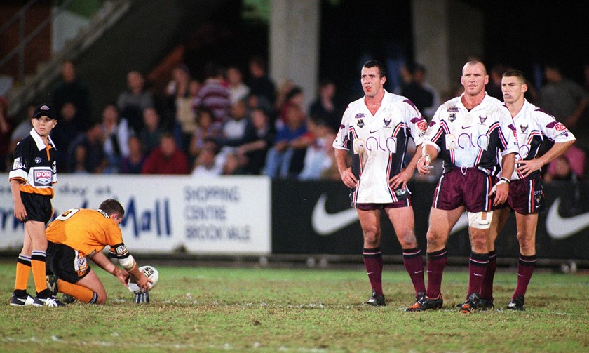 The Northern Eagles during their clash with the Wests Tigers in 2001.