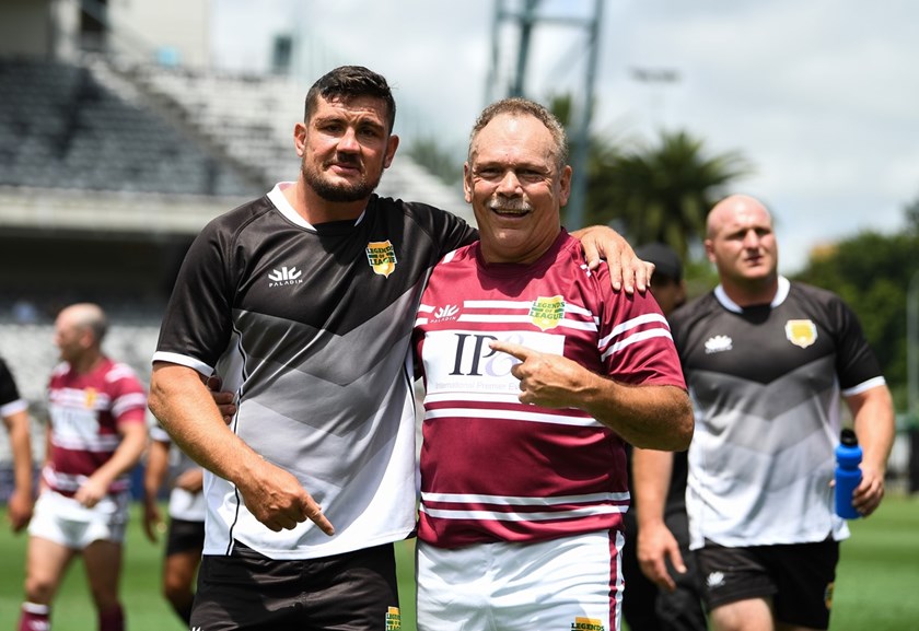 Barbarians forward Chris Heighington and Manly Hall of Famer Cliff Lyons.