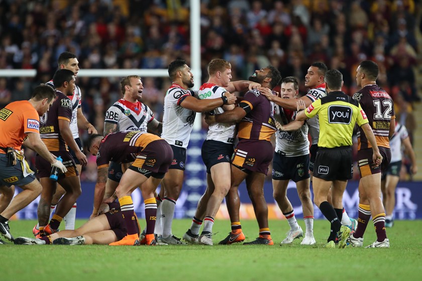After his controversial hit on Korbin Sims, Roosters prop Dylan Napa rumbles with Sam Thaiday.