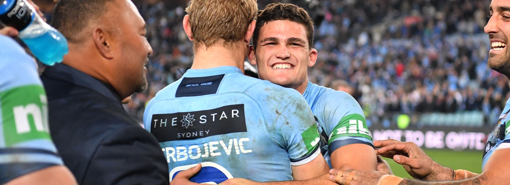 NSW halfback Nathan Cleary with Tom Trbojevic.