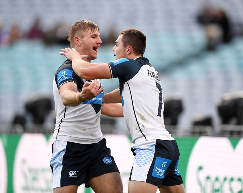 NSW Residents Kyle Flanagan celebrates a try.