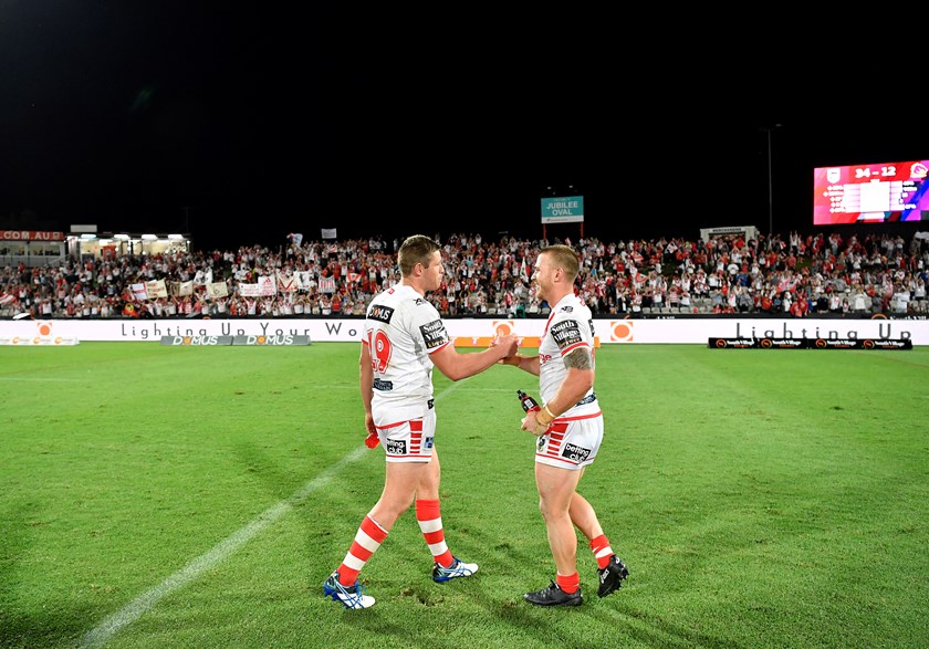 Dragons pair Jeremy Latimore (left) and Euan Aitken after beating the Broncos.
