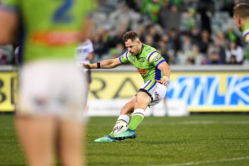 Raiders halfback Aidan Sezer boots the winning field goal against Manly.