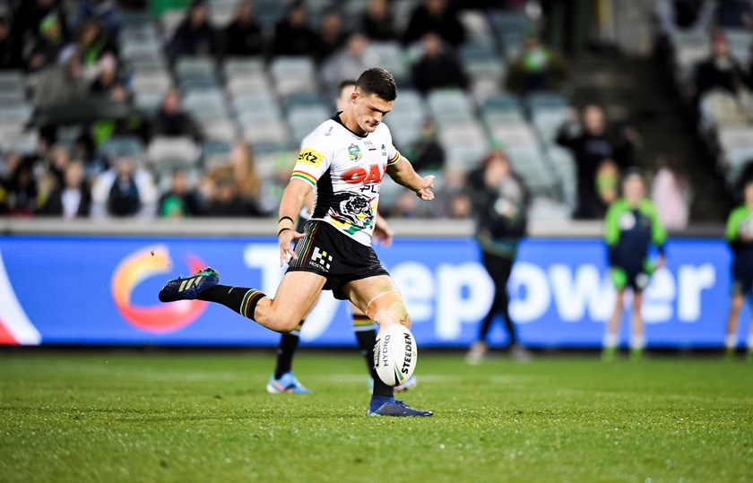 Panthers halfback Nathan Cleary kicks the match-winning field goal against the Raiders.