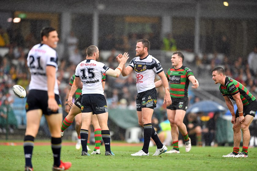 Gavin Cooper celebrates a Cowboys try.