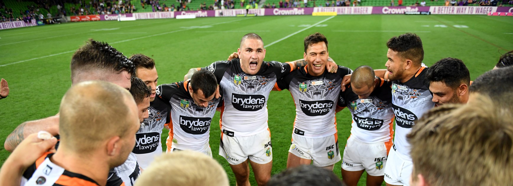 Tigers captain Russell Packer leads celebrations after beating the Storm.