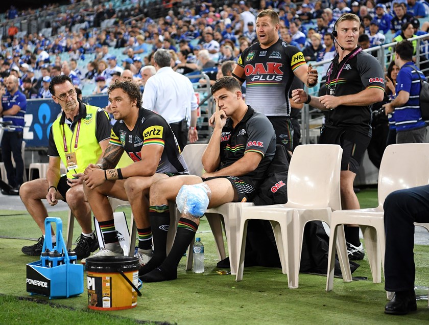 Panthers halfback Nathan Cleary ices his injured knee.
