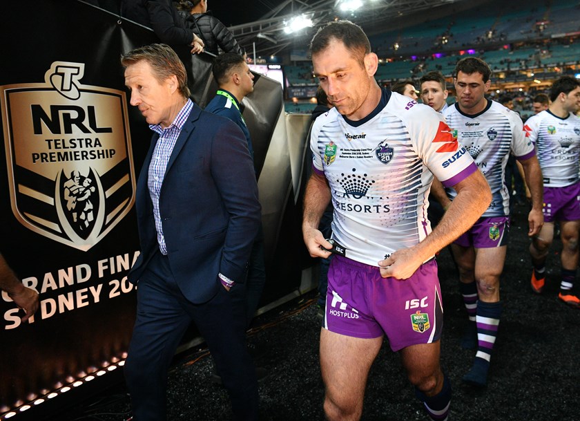 Craig Bellamy and Cameron Smith after the 2018 grand final.