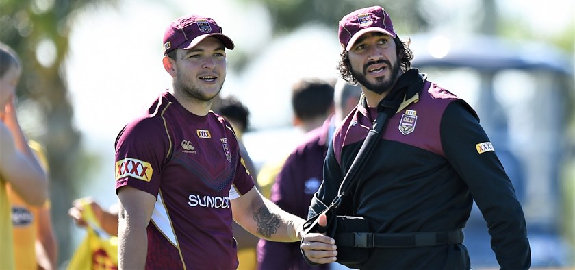 Ash Taylor with Johnathan Thurston in Maroons camp in 2017.