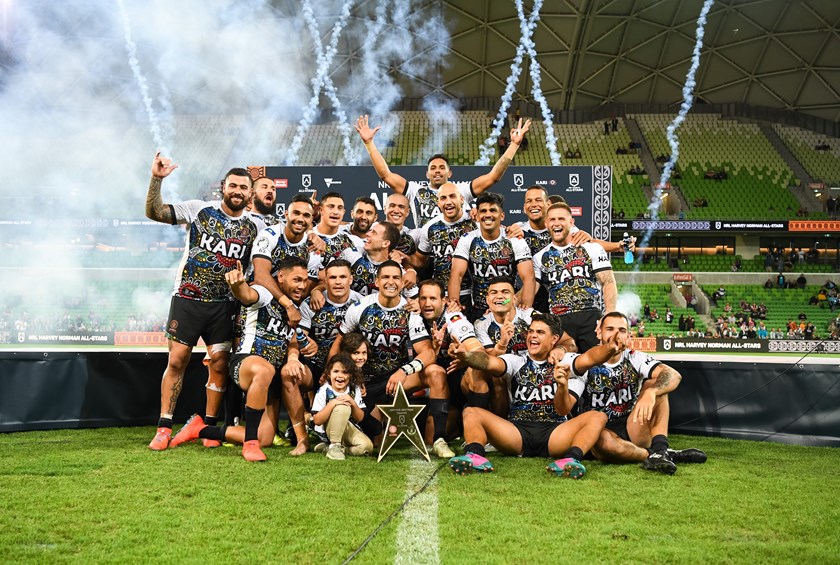 Indigenous All Stars celebrate their victory at AAMI Park in 2019.