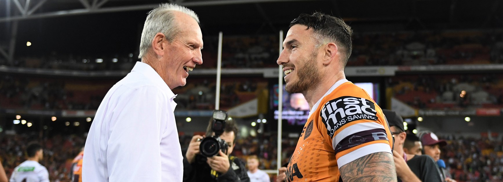 Wayne Bennett and Darius Boyd in round 25, 2018.