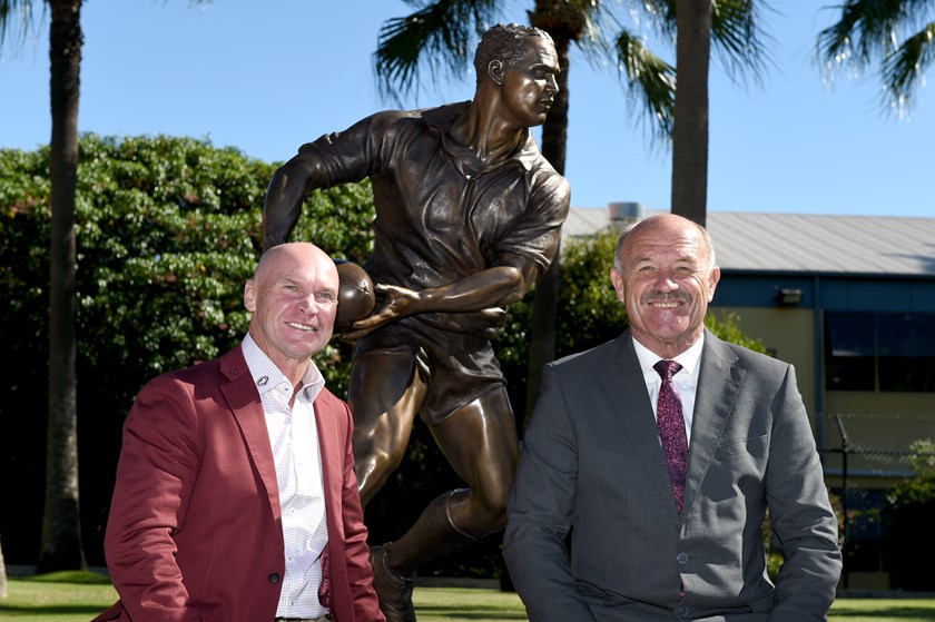 Maroons greats Allan Langer (left) and Wally Lewis at the unveiling of Langer's bronze statue.