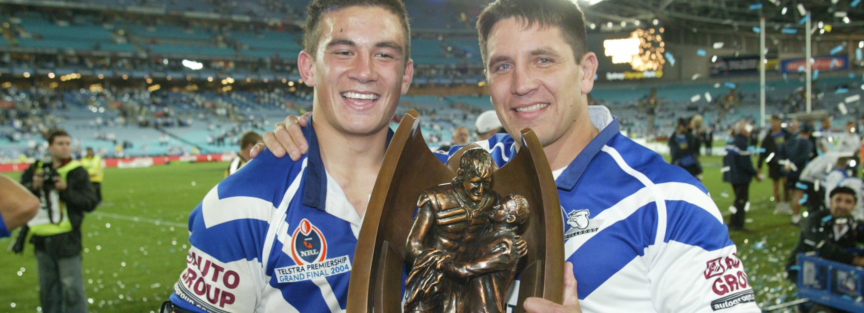 Sonny Bill Williams and Steve Price after the Dogs' 2004 success.