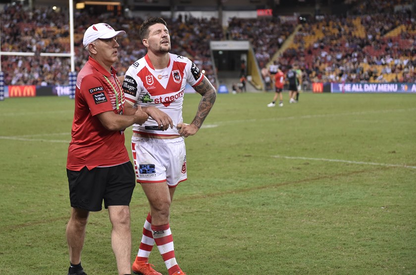 Dragons captain Gareth Widdop after being injured against the Broncos.