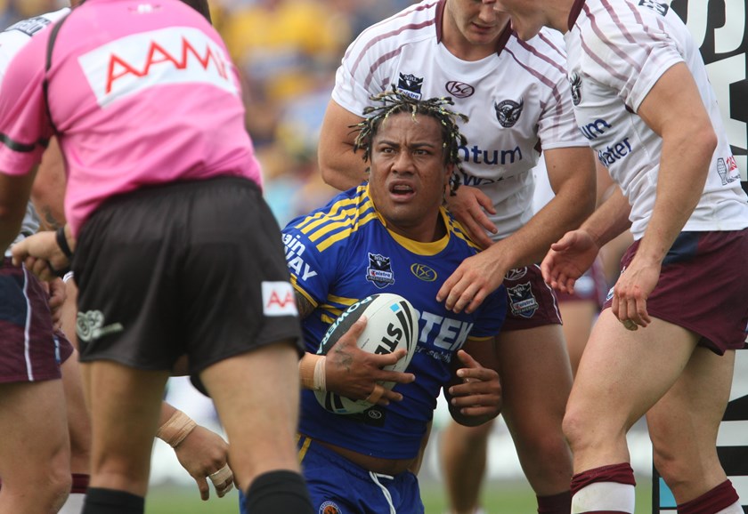 Parramatta prop Fuifui Moimoi playing against Manly in 2010.