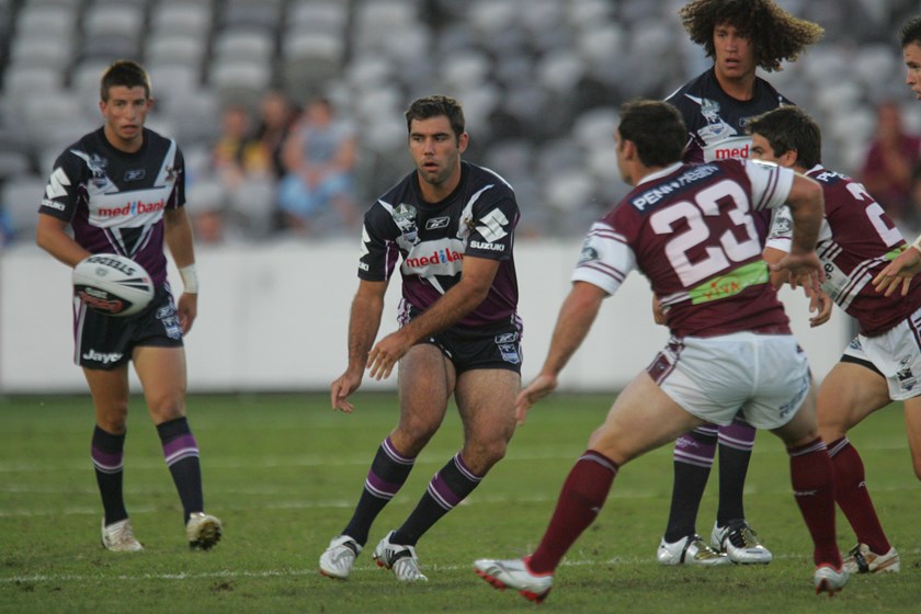 Cameron Smith in action for the Storm in a trial against Manly in 2008.