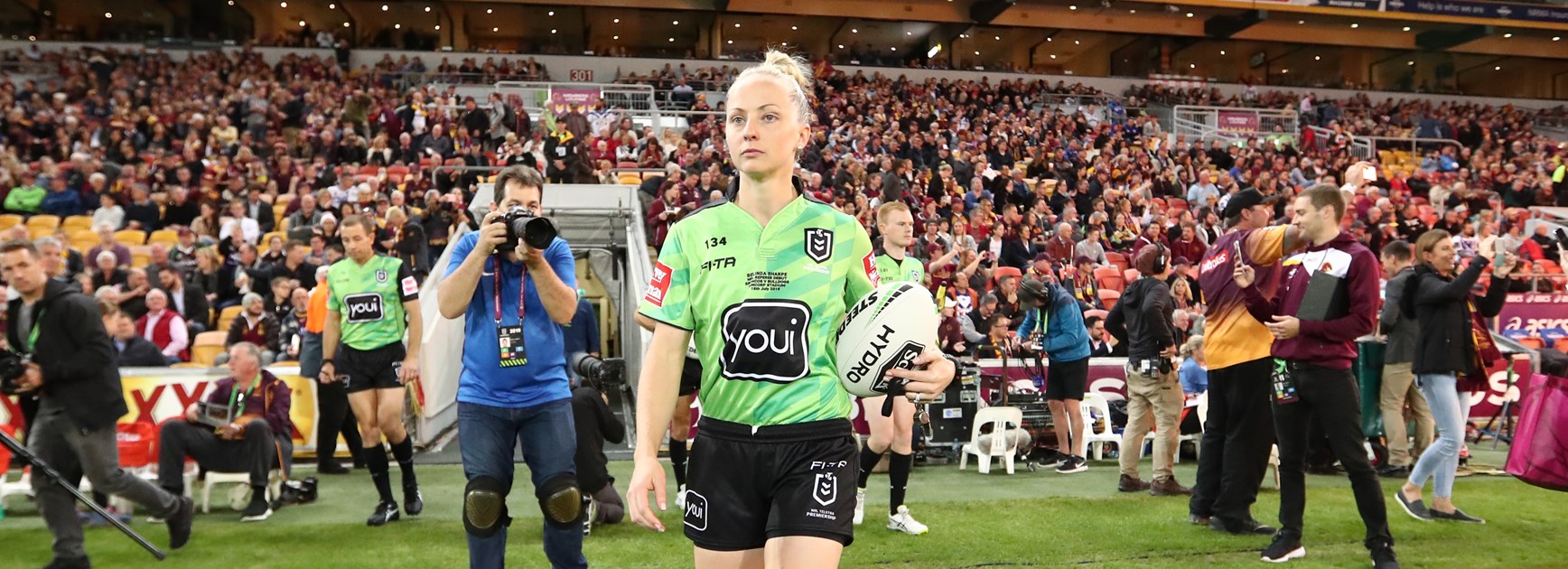 Belinda Sharpe carried the match ball to her first match as a NRL referee