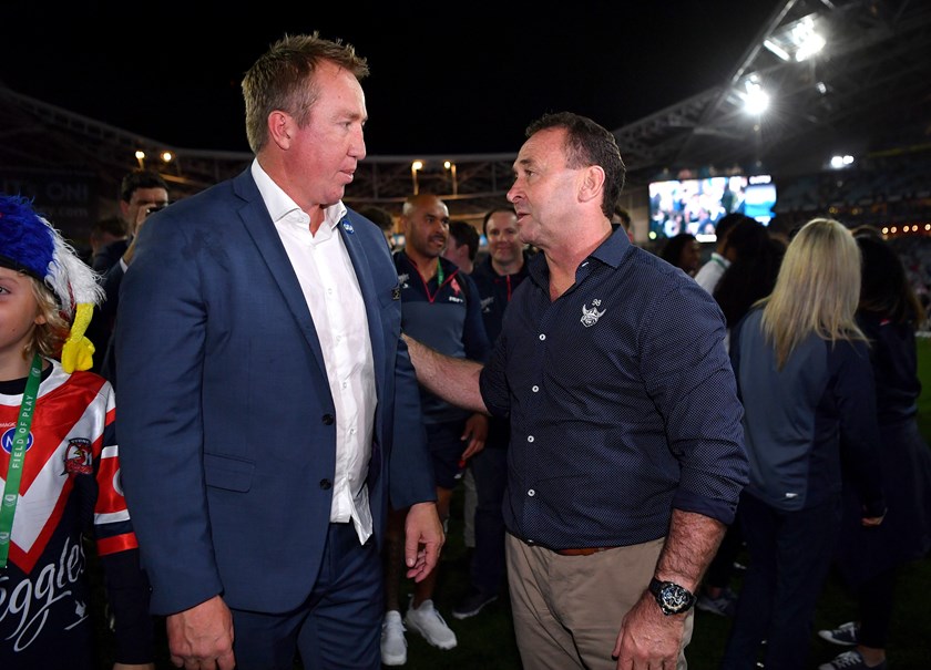 Trent Robinson and Rickey Stuart after the 2019 grand final.