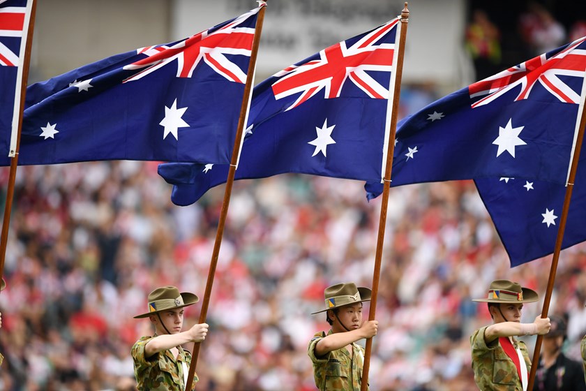 Anzac Day ceremony at annual Roosters-Dragons match