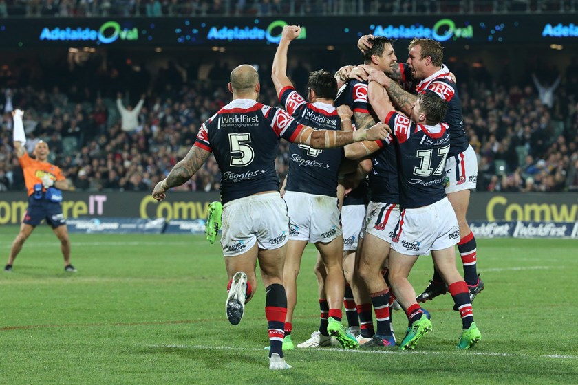 Sydney Roosters celebrate a win over the Storm in 2017.
