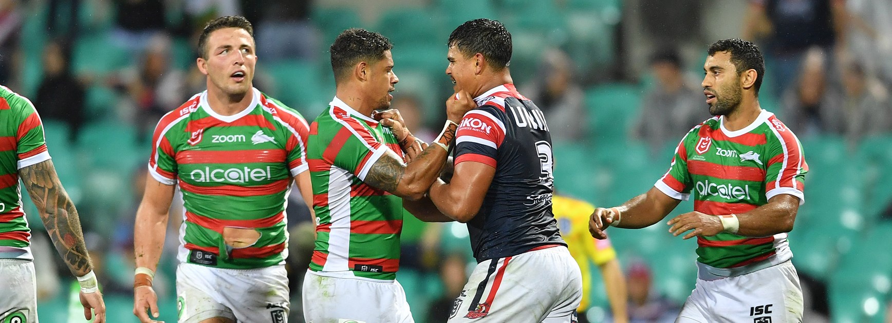 Rabbitoh Dane Gagai and Rooster Latrell Mitchell.