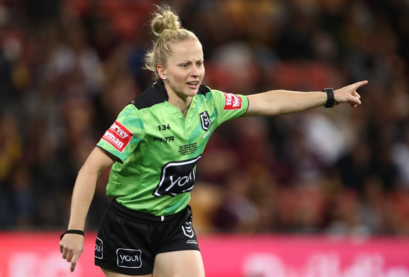 Belinda Sharpe takes charge of her first NRL game.