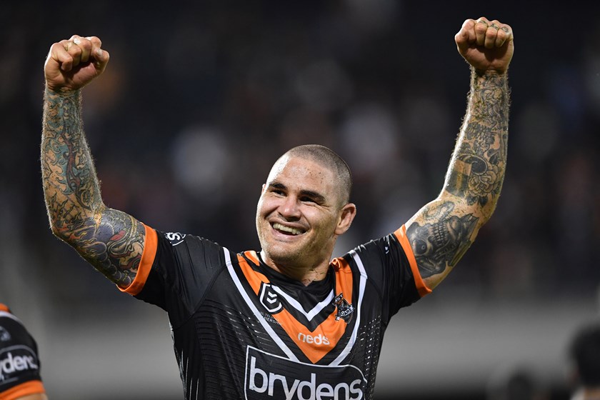 Russell Packer celebrates a Wests Tigers win.