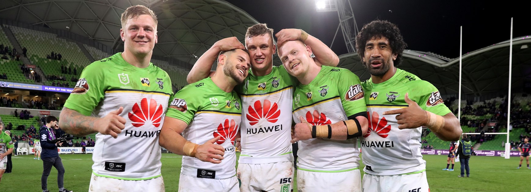 The Raiders celebrate their win over the Storm.