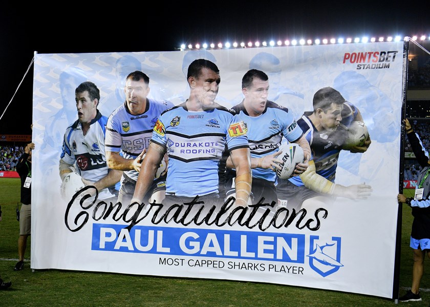 The Sharks celebrate Paul Gallen's most appearances record.