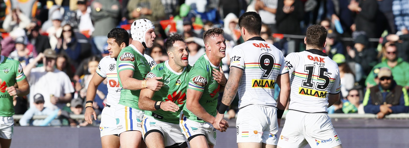 Jack Wighton celebrates a try against Penrith.