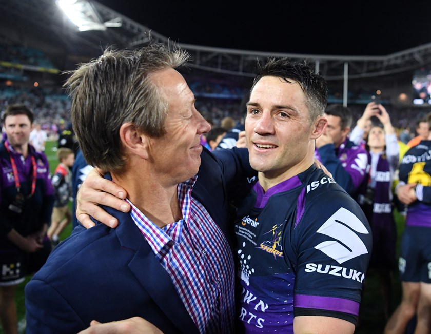 Cooper Cronk and Craig Bellamy celebrate the Storm's 2017 success.