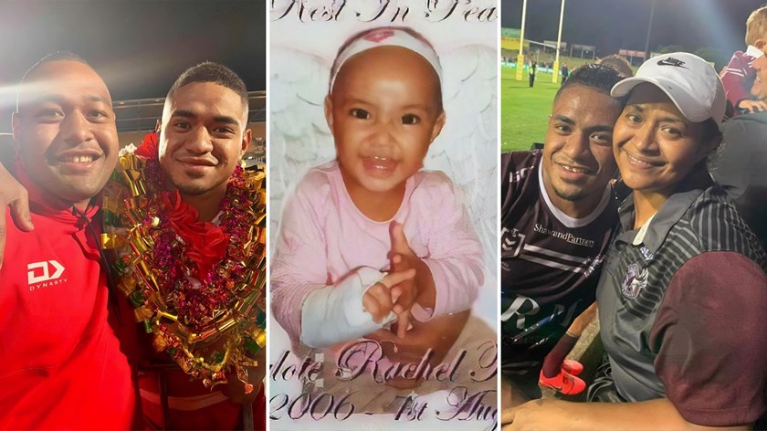 Manase Fainu with his older brother Inoke after representing Tonga, his sister Salote and with his mother Lili after a game for Manly.