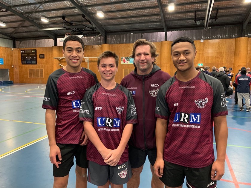 Promising young Sea Eagles players Lehi Hopoate, Jake Fulton and Latu Fainu with coach Des Hasler.