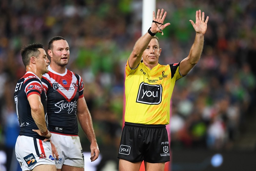 Roosters halfback Cooper Cronk is sent to the sin bin in the 2019 grand final.