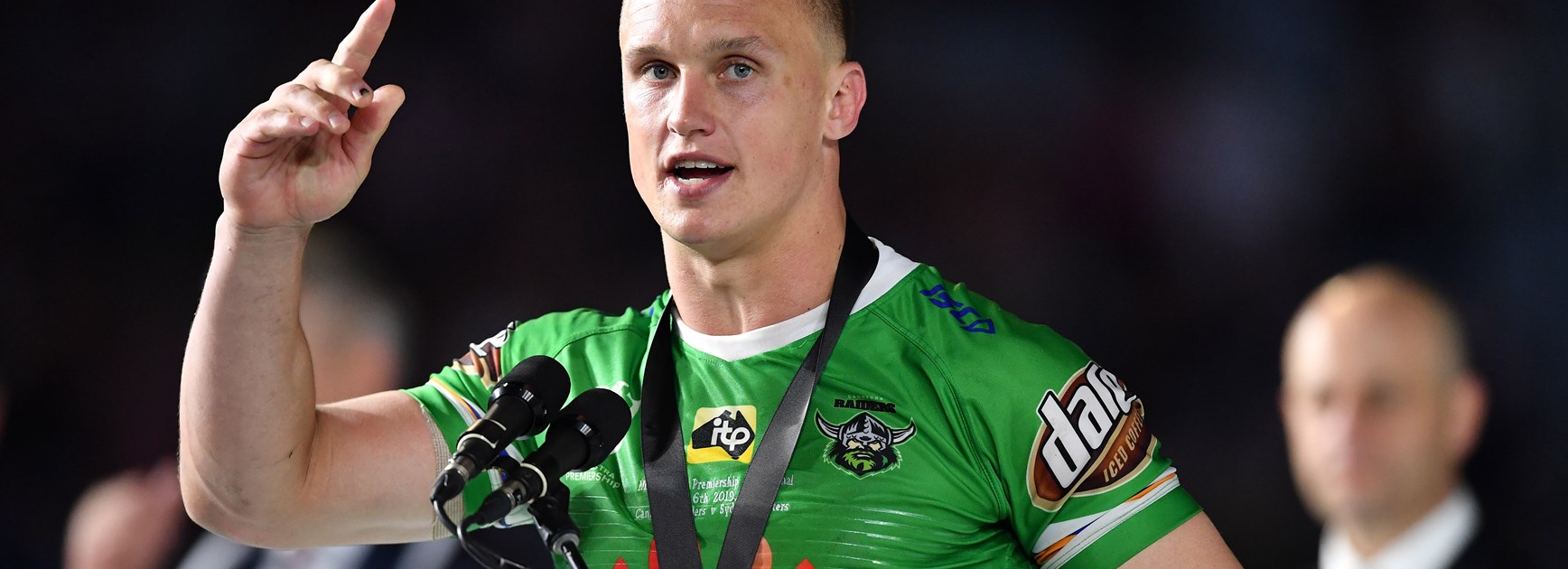 Raiders five-eighth Jack Wighton claims the Clive Churchill Medal.
