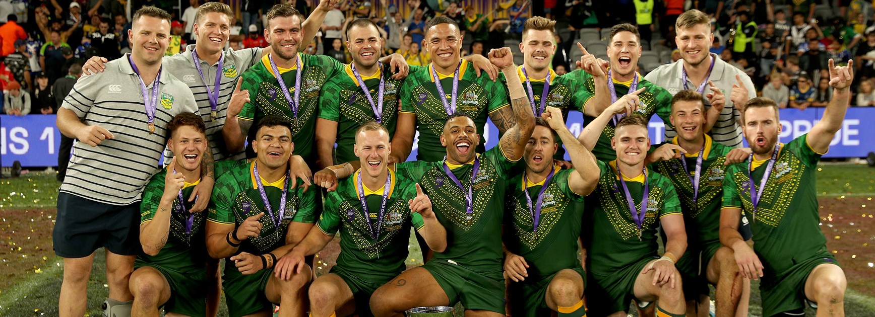 The Kangaroos celebrate their World Cup 9s triumph.