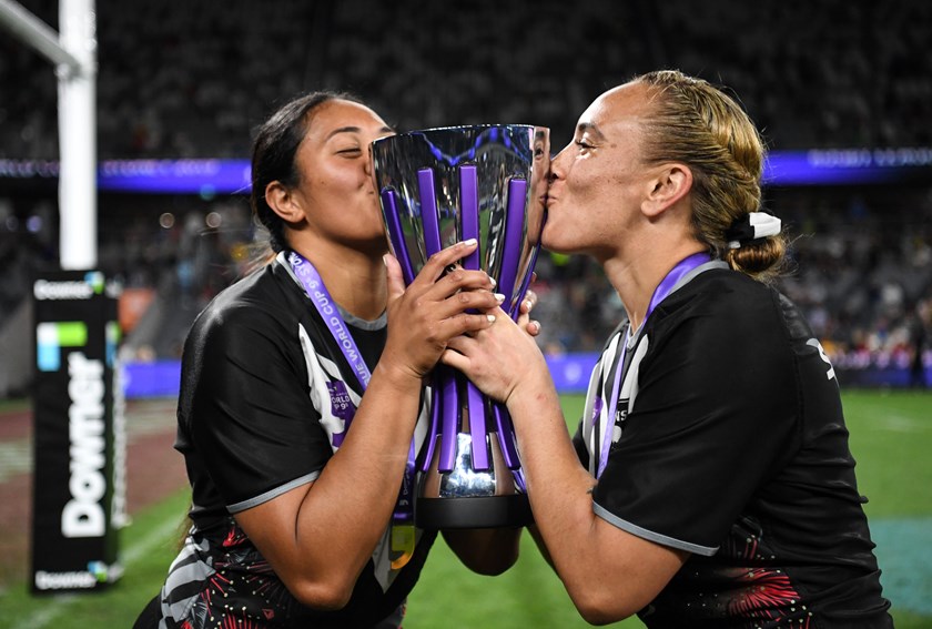 The Kiwi Ferns celebrate their World Cup 9s win.