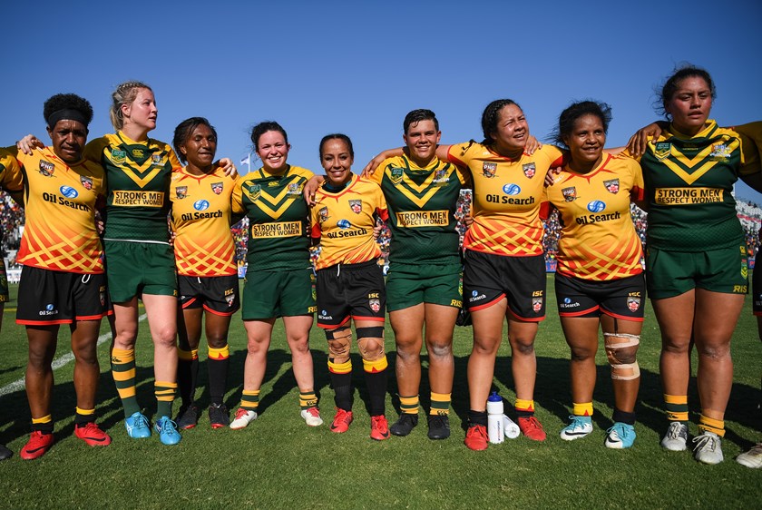 The Jillaroos and Orchids after their clash in PNG in 2018.