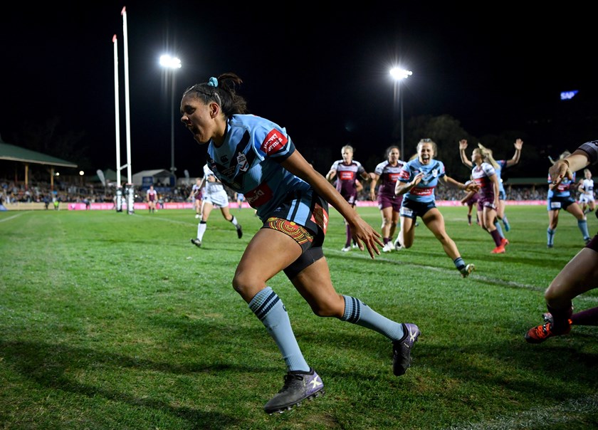 Shakiah Tungai scores for the Blues in the Origin clash at North Sydney Oval.