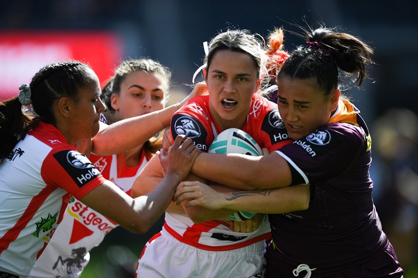 Dragons fullback Botille Vette-Welsh is wrapped up by the Brisbane defence in their 2019 round-one clash.