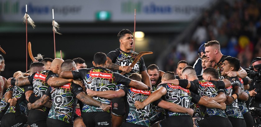 Latrell Mitchell leads the Indigenous All Stars war dance in February.