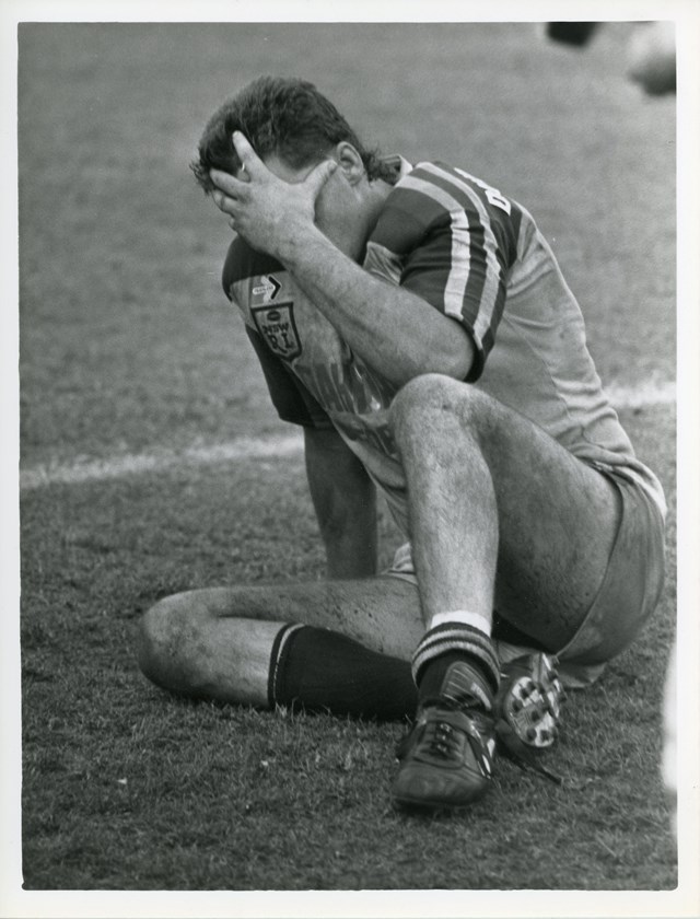 Panthers forward Mark Geyer is inconsolable after the 1990 grand final loss.