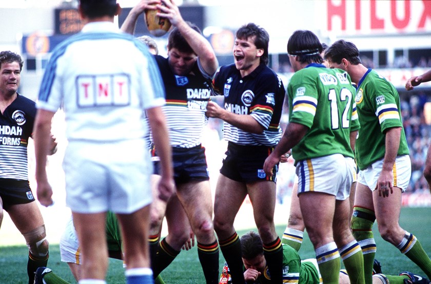 Royce Simmons celebrates after scoring against Canberra in the 1991 grand final.