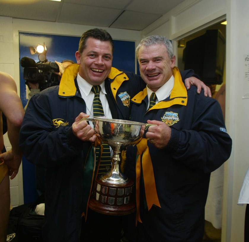 Kevin Moore and Chris Anderson after Kangaroos success.