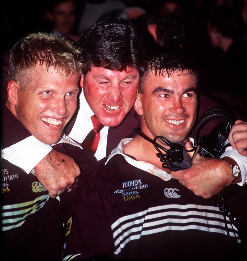 Maroons team manager Chris Close with forwards Gary Larson and Andrew Gee after the Origin I win in 1994.