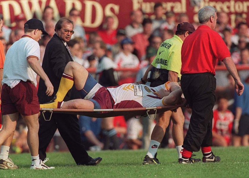 Glenn Lazarus is stretchered off for Brisbane in 1997 after breaking his leg.